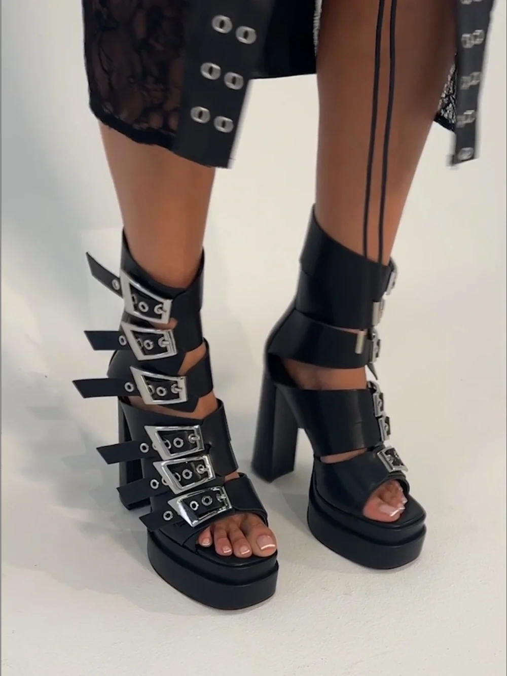 Women's Black Strappy Platform Heels with Buckles